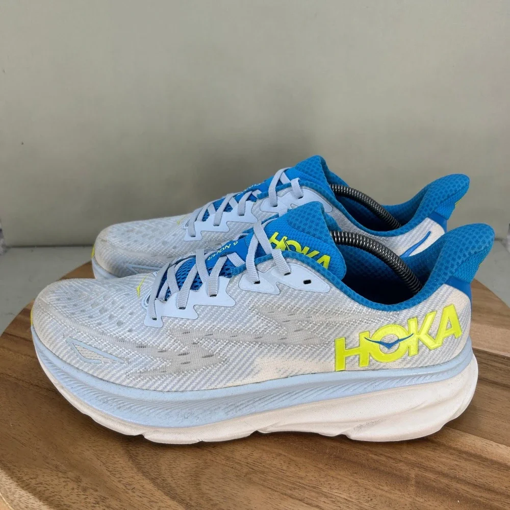 Hoka Clifton 9 Mens Running Shoes Blue White Yellow Cushioned Comfort Size 12 D